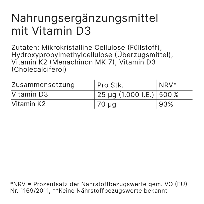 Vitamin D3 (1000 I.E.) + K2 (70 μg MK-7) | 56 Kapseln in Glasflasche