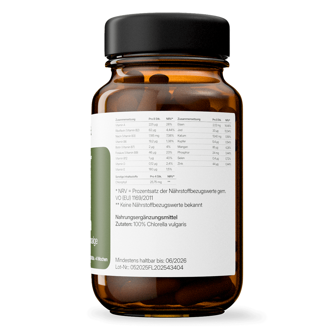 Chlorella (Chlorella vulgaris) – aus Süßwasseralgen, vegan | 224 Presslinge in Glasflasche