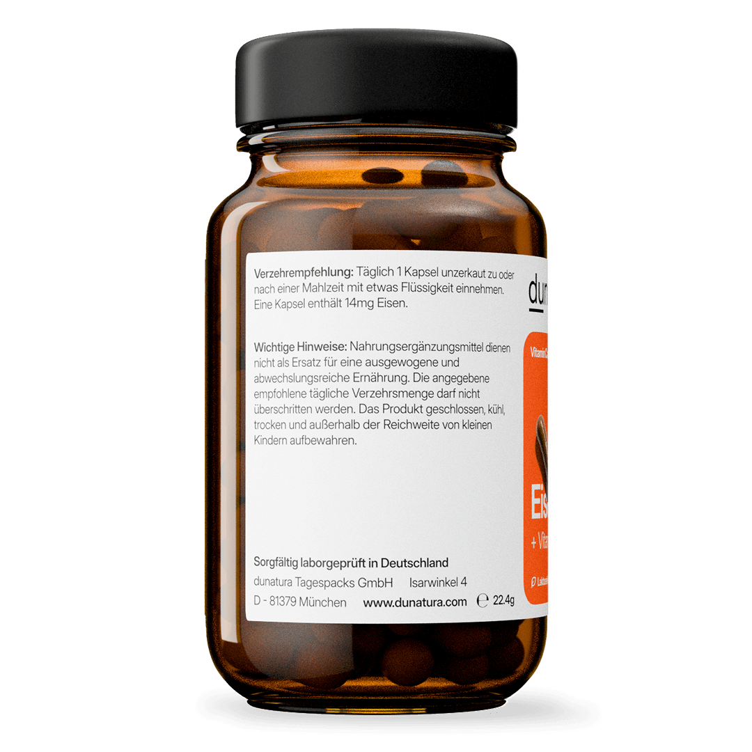 Eisen (14 mg) + Vitamin C (40 mg) – bioaktiv, vegan | 56 Kapseln in Glasflasche