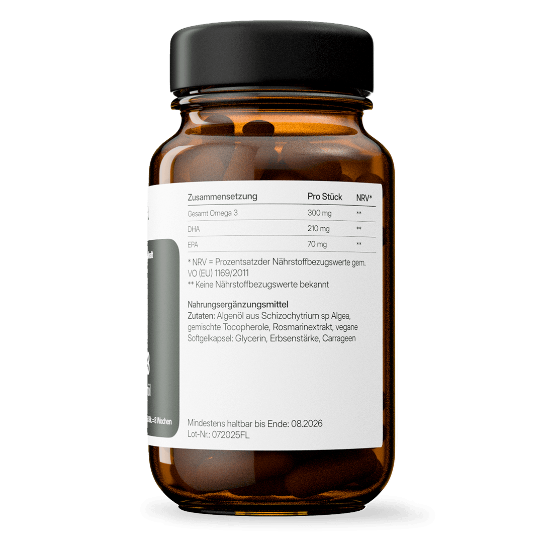 Omega 3 (300mg) vegan aus Algenöl | 56 Kapseln in Glasflasche
