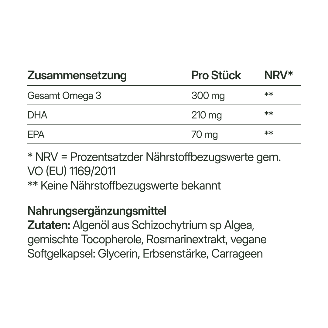 Omega 3 (300mg) vegan aus Algenöl | 56 Kapseln in Glasflasche