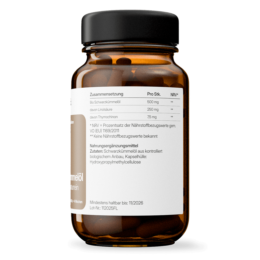 Bio Schwarzkümmelöl (500 mg) – mit Linolsäure & Thymochinon | 56 Kapseln in Glasflasche