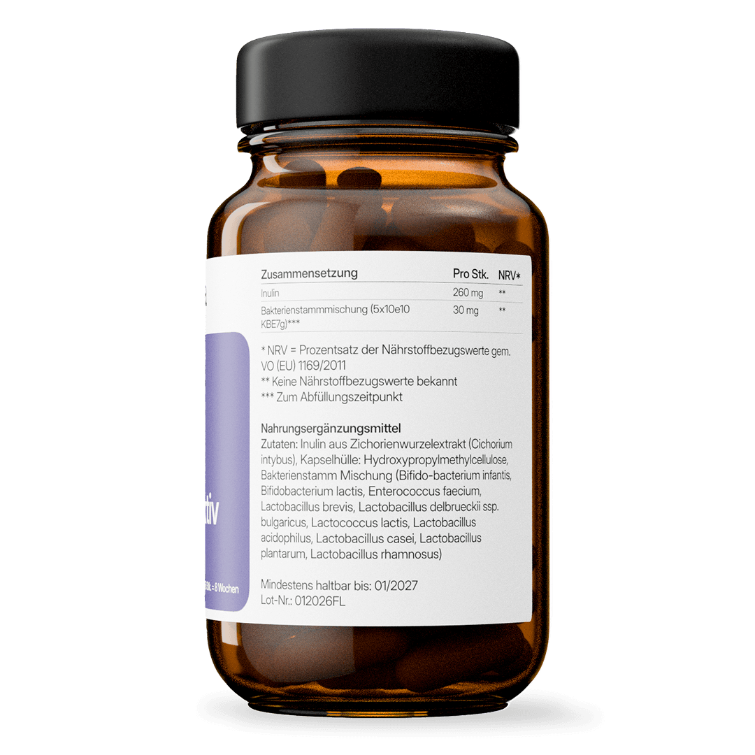 Darm Aktiv Probiotikum – mit Inulin, vegan | 56 Kapseln in Glasflasche