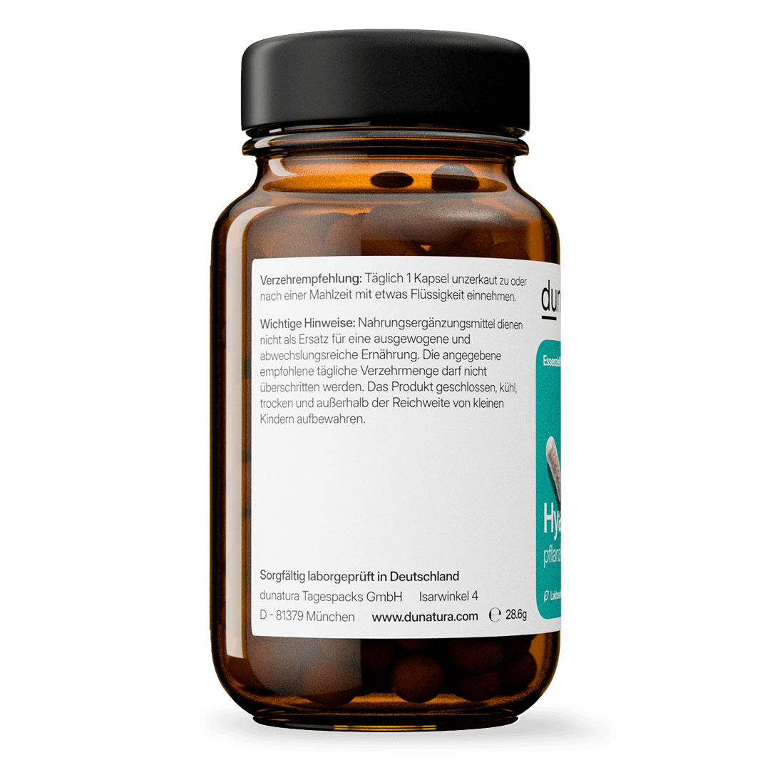 Hyaluronsäure (360 mg) – fermentativ gewonnen, vegan | 56 Kapseln in Glasflasche