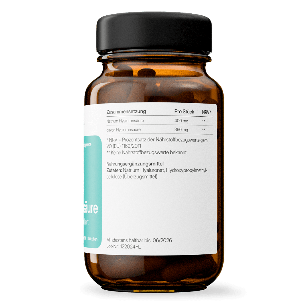 Hyaluronsäure (360 mg) – fermentativ gewonnen, vegan | 56 Kapseln in Glasflasche
