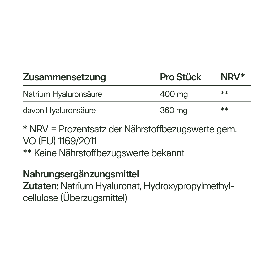 Hyaluronsäure (360 mg) – fermentativ gewonnen, vegan | 56 Kapseln in Glasflasche