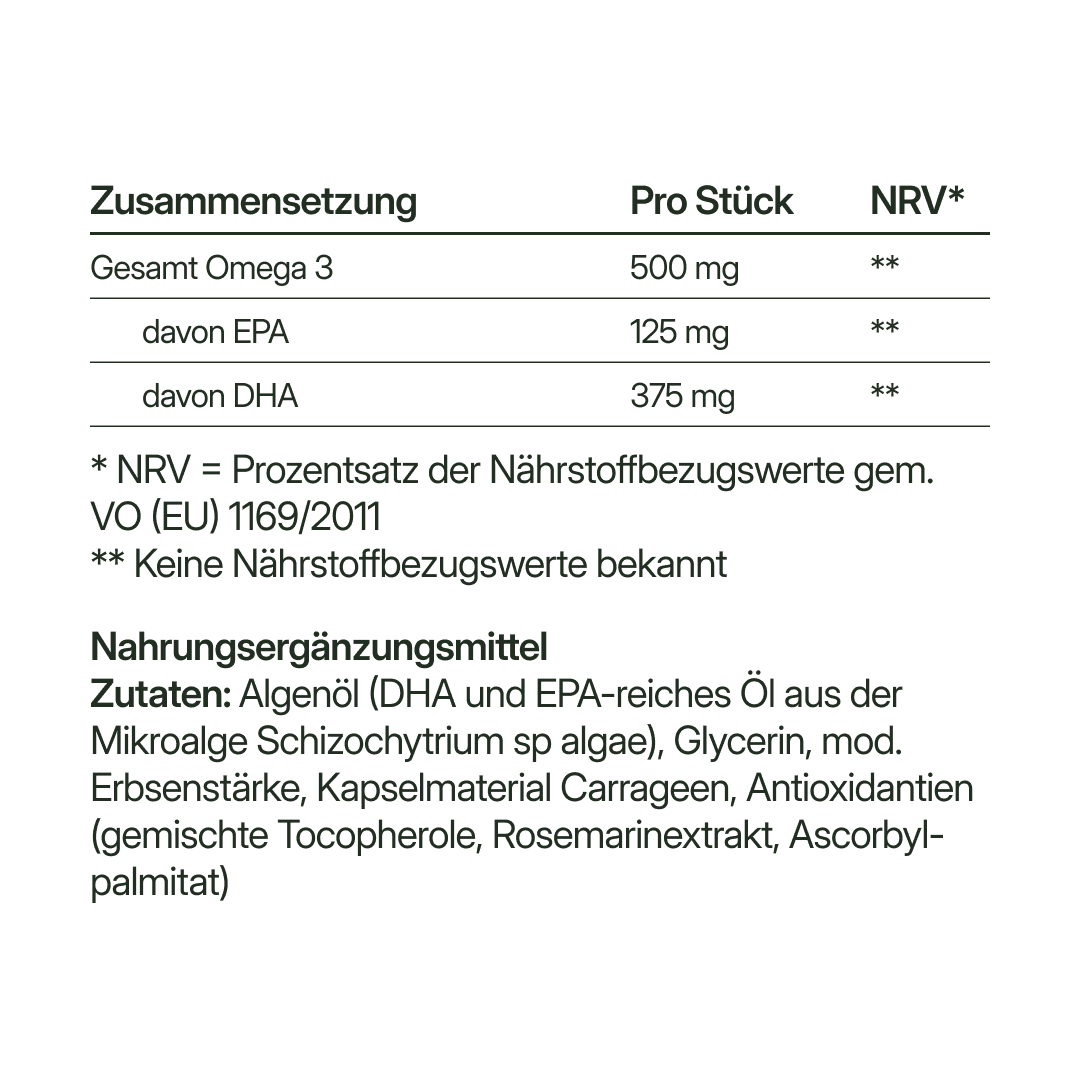 Omega 3 XL (500 mg) – vegan aus Algenöl | 56 Kapseln in Glasflasche