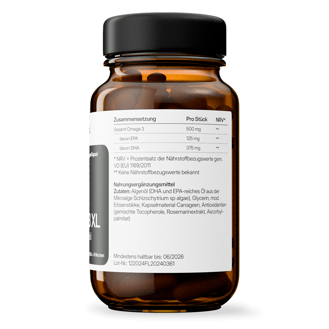 Omega 3 XL (500 mg) – vegan aus Algenöl | 56 Kapseln in Glasflasche