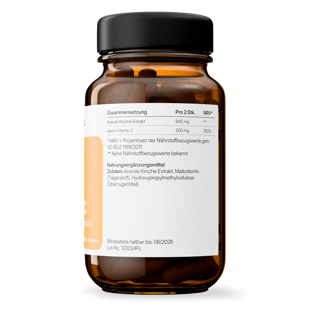 Vitamin C (200 mg aus Acerolaextrakt) – vegan | 112 Kapseln in Glasflasche